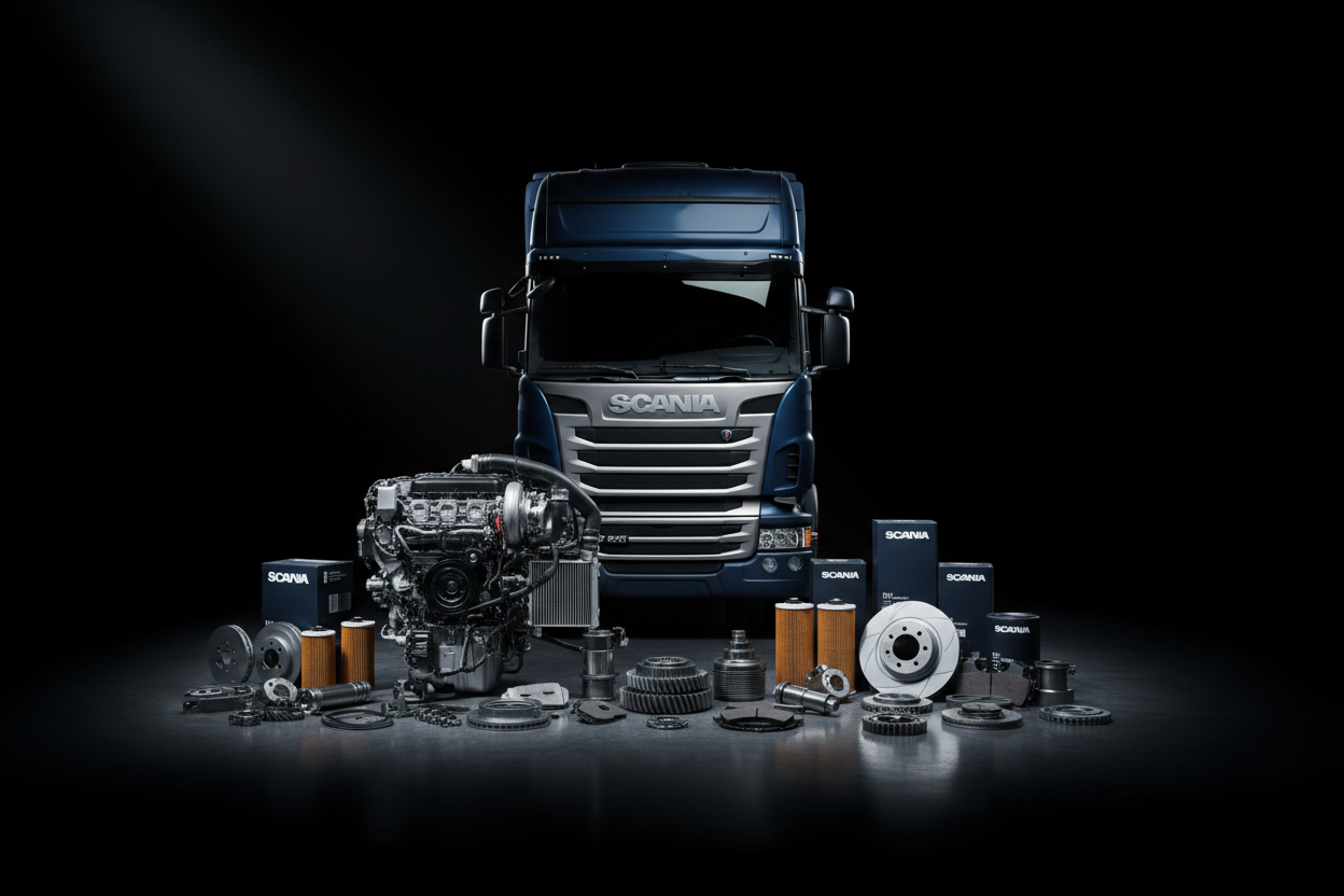 A scania truck with a dark background so white text comes out clearly. We are selling scania truck parts, so that should be visible as well